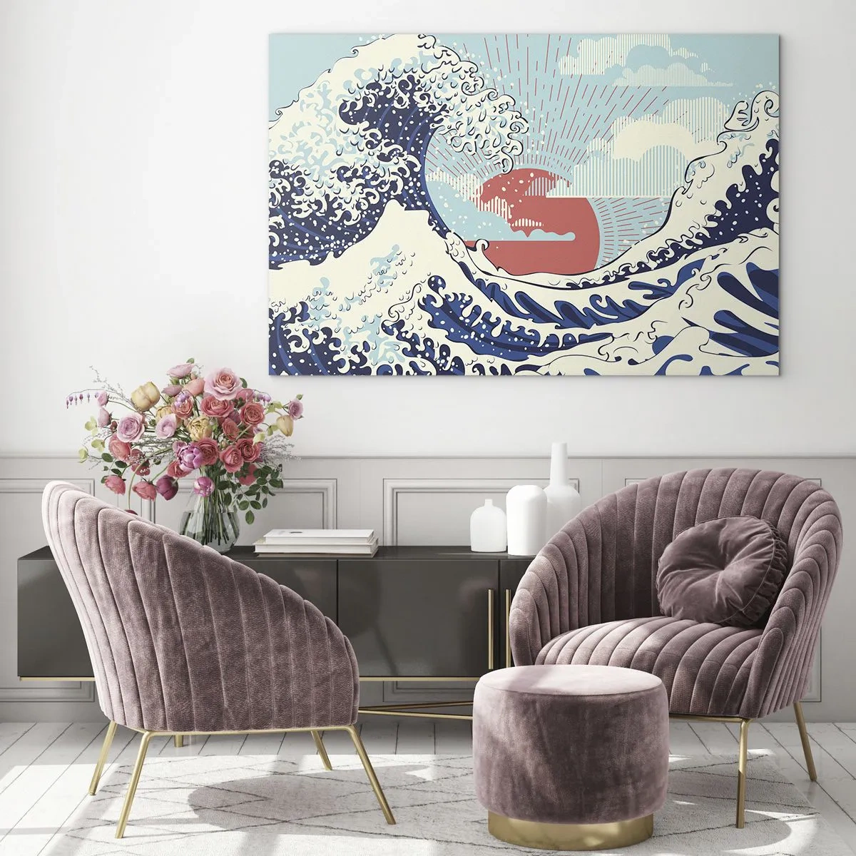 Cuadro sobre vidrio - Impresiones sobre Vidrio - Una ola estilizada inspirada en el arte japonés. - 100x70cm - De inspiración japonesa - Decoración de pared moderna para salón y dormitorio ARTTOR