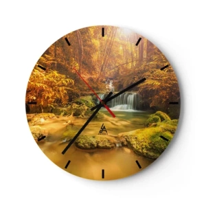 Reloj de pared - Reloj de vidrio - Una cascada dorada rodeada de exuberante vegetación. - 30x30cm - Cascada forestal en oro - Decoración de pared moderna para salón, cocina y dormitorio ARTTOR