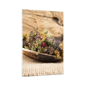 Cuadro sobre vidrio - Impresiones sobre Vidrio - Hierbas secas en una cuchara de madera sobre un fondo de madera natural. - 70x100cm - Flores coloridas y hierbas aromáticas - Decoración de pared moderna para salón y dormitorio ARTTOR