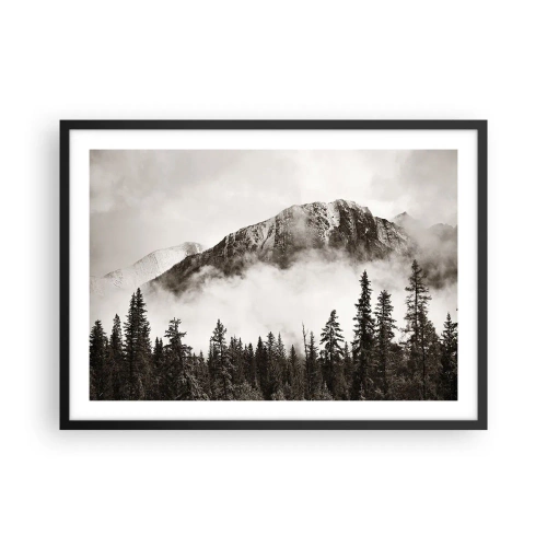 Póster en marco negro - Un pintoresco pico de montaña rodeado de niebla y un bosque en tonos sepia. - 70x50cm - Gobernante de granito - Decoración de pared moderna para salón y dormitorio ARTTOR