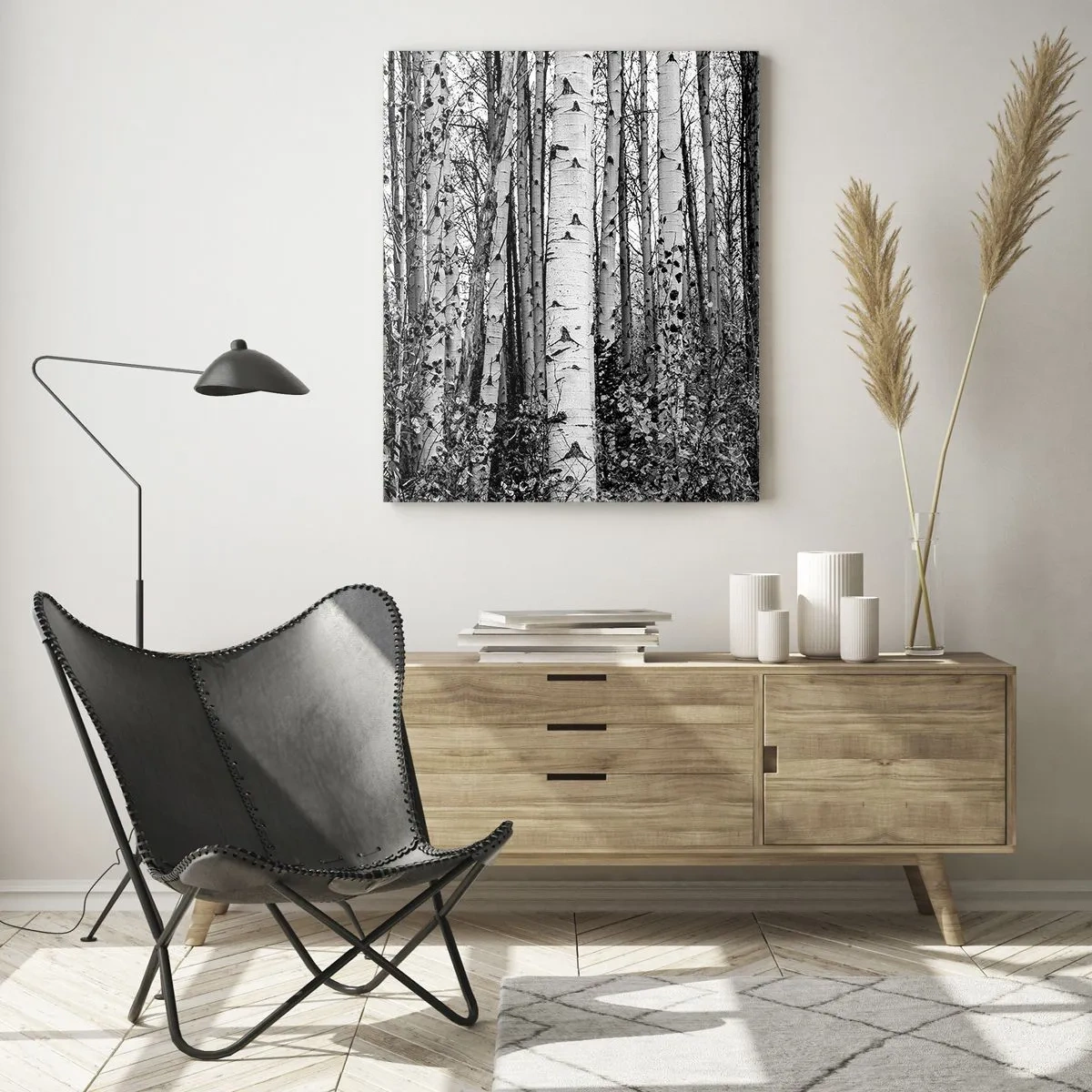 Cuadro sobre vidrio - Impresiones sobre Vidrio - Los abedules blancos y negros crean un denso paisaje forestal. - 50x70cm - Columnas de abedules - Decoración de pared moderna para salón y dormitorio ARTTOR