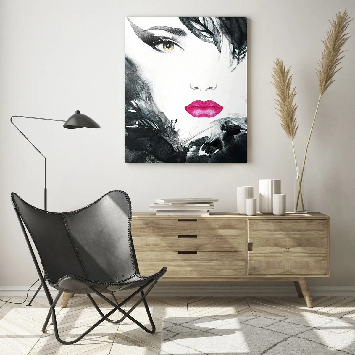 Cuadro sobre vidrio - Impresiones sobre Vidrio - Retrato de una mujer con labios rosados y acentos negros. - 50x70cm - ¡Cuidado! Femme fatale - Decoración de pared moderna para salón y dormitorio ARTTOR