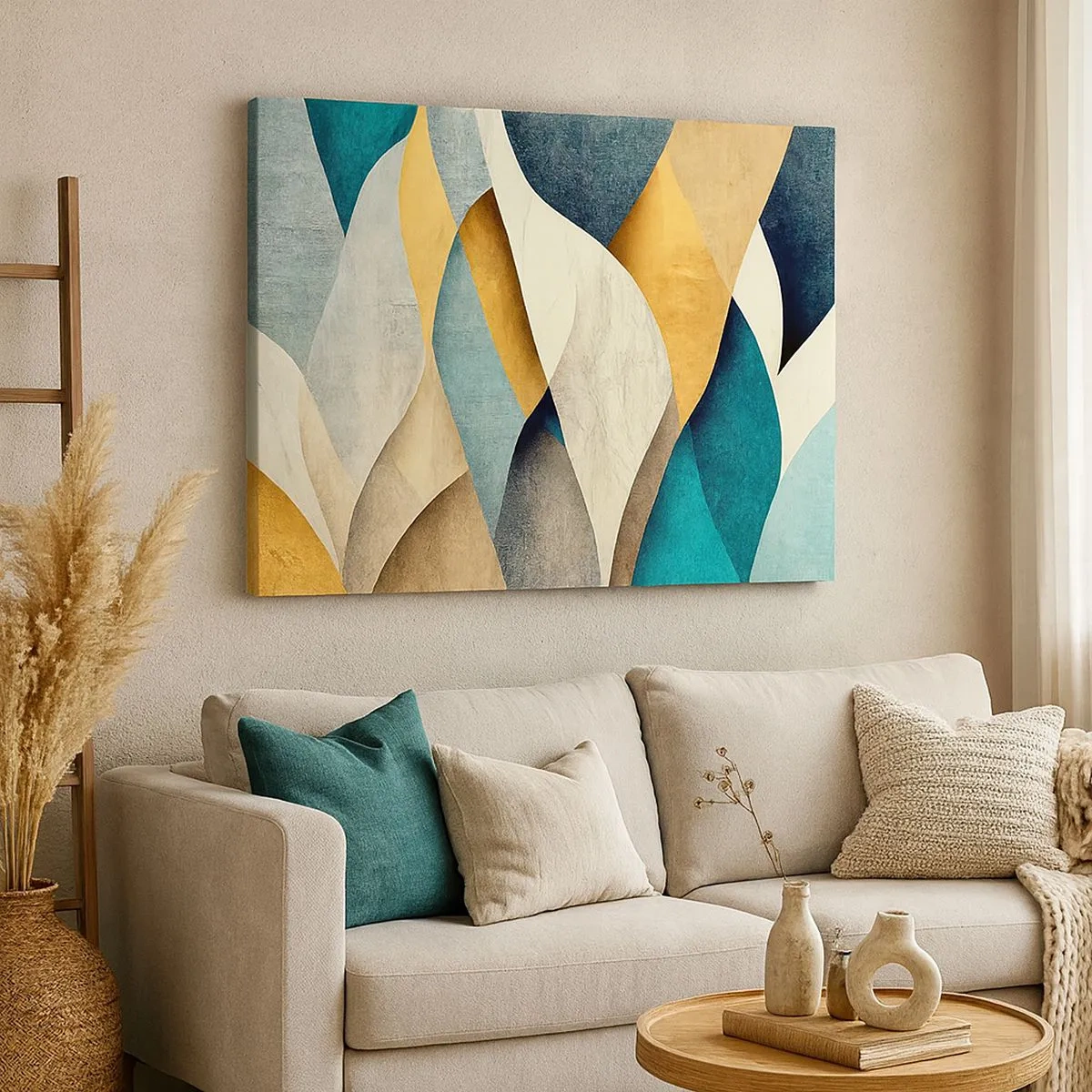 Cuadro sobre lienzo - Impresión de Imagen - Ondas abstractas en tonos azules y dorados. - 70x50cm - Ritmo y ondulación - Decoración de pared moderna para salón y dormitorio ARTTOR