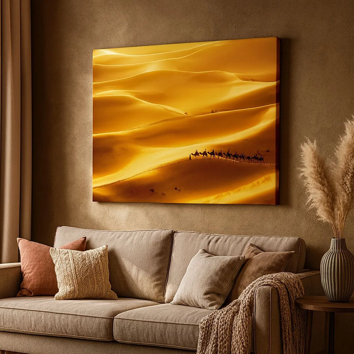 Cuadro sobre lienzo - Impresión de Imagen - Una caravana de camellos vagando por las dunas doradas del desierto. - 70x50cm - Caravana sobre las olas del desierto - Decoración de pared moderna para salón y dormitorio ARTTOR