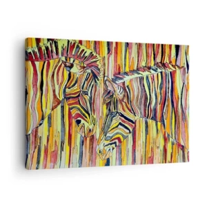 Cuadro sobre lienzo - Impresión de Imagen - Cebras coloridas sobre un fondo de rayas abstractas - 70x50cm - Y tú también... - Decoración de pared moderna para salón y dormitorio ARTTOR