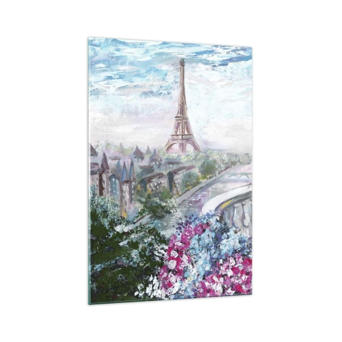 Cuadro sobre vidrio - Impresiones sobre Vidrio - Una vista romántica de París con la Torre Eiffel y un balcón lleno de flores. - 70x100cm - Mayo mágico en París - Decoración de pared moderna para salón y dormitorio ARTTOR