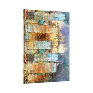 Cuadro sobre vidrio - Impresiones sobre Vidrio - Panorama abstracto colorido de los rascacielos de la ciudad en un estilo artístico - 50x70cm - Metrópolis soleada - Decoración de pared moderna para salón y dormitorio ARTTOR