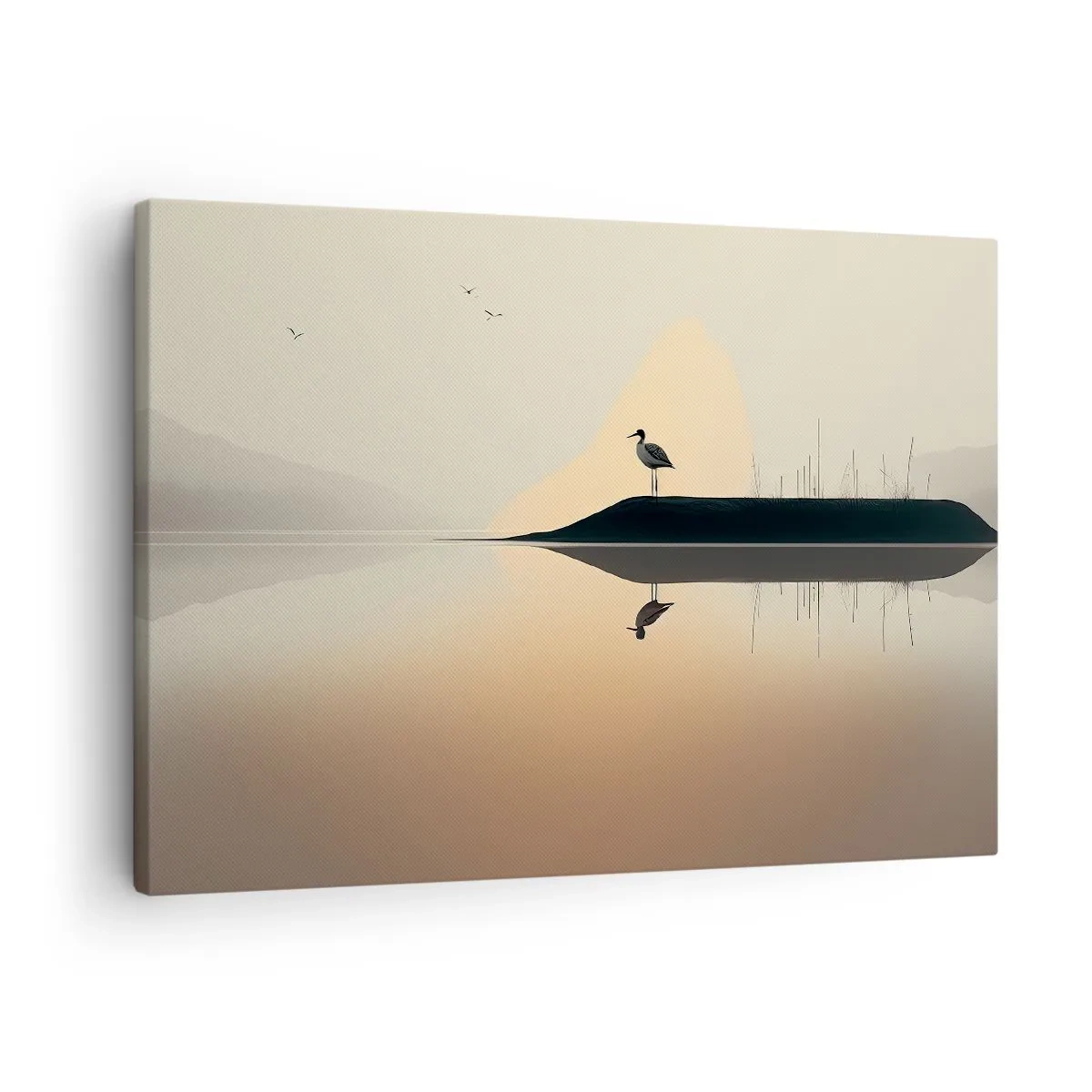 Cuadro sobre lienzo - Impresión de Imagen - Un pájaro en una isla en un lago tranquilo con tonos cálidos. - 70x50cm - Un caballero en el lago - Decoración de pared moderna para salón y dormitorio ARTTOR