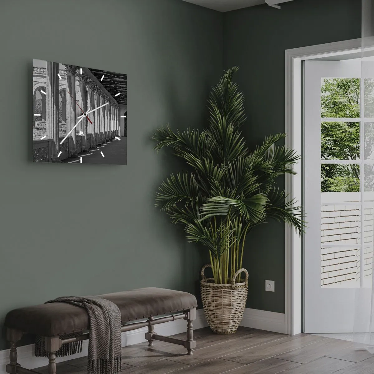 Reloj de pared - Reloj de vidrio - Columnata de estilo clásico en blanco y negro - 30x30cm - Galería soleada - Decoración de pared moderna para salón y dormitorio ARTTOR