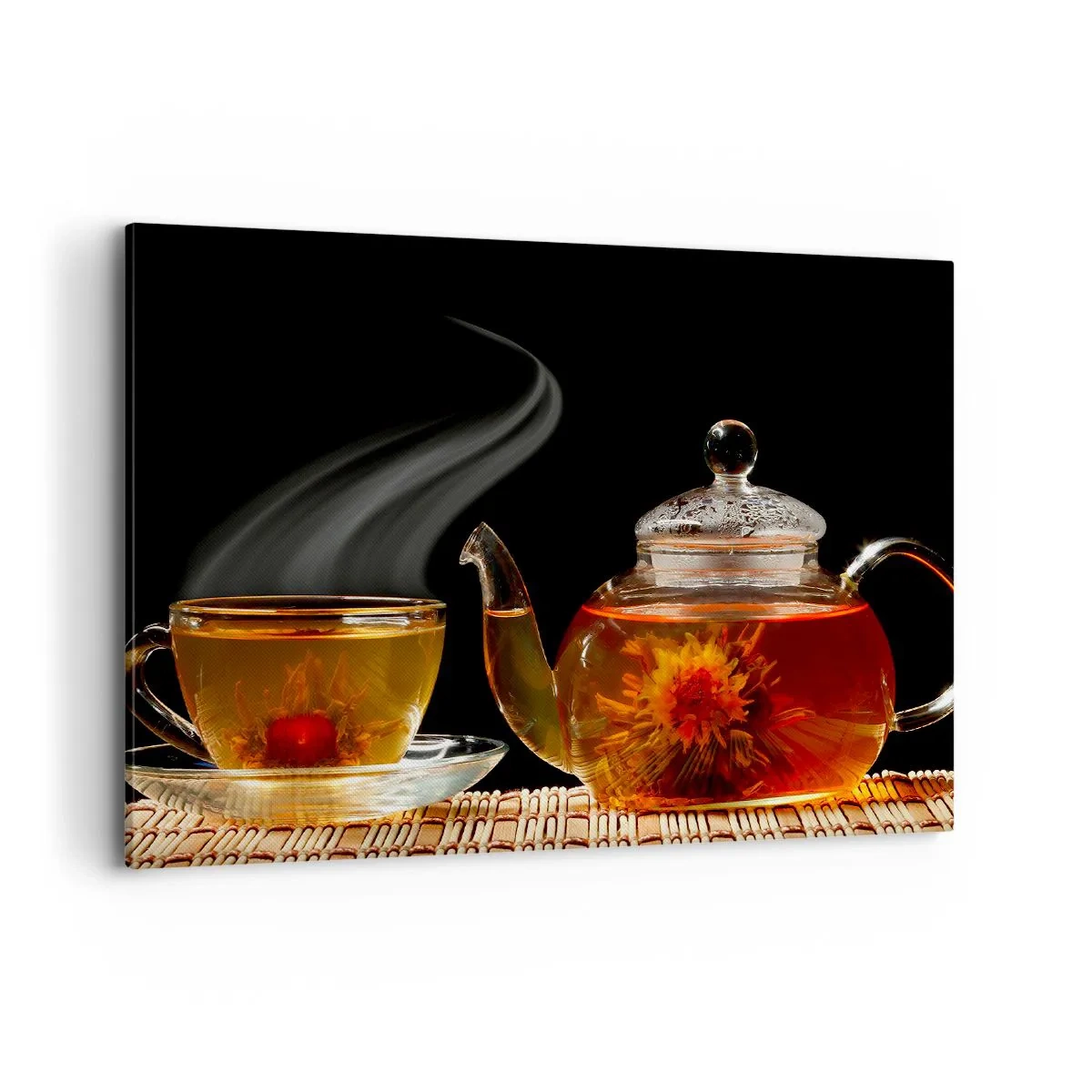 Cuadro sobre lienzo - Impresión de Imagen - Tetera de cristal con té de flores y una taza. - 100x70cm - Magia y el arte del té - Decoración de pared moderna para salón y dormitorio ARTTOR