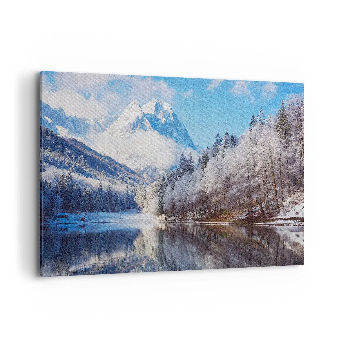 Cuadro sobre lienzo - Impresión de Imagen - Paisaje invernal de montaña con árboles cubiertos de nieve y un lago. - 100x70cm - Guardia de nieve - Decoración de pared moderna para salón y dormitorio ARTTOR