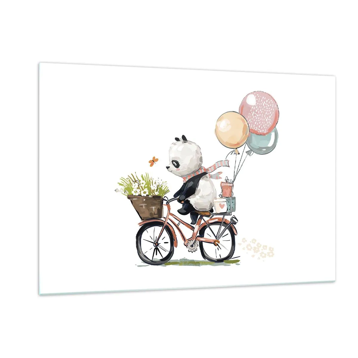 Cuadro sobre vidrio - Impresiones sobre Vidrio - Un panda montando en bicicleta con globos y una canasta de flores. - 120x80cm - Un día feliz - Decoración de pared moderna para salón y dormitorio ARTTOR