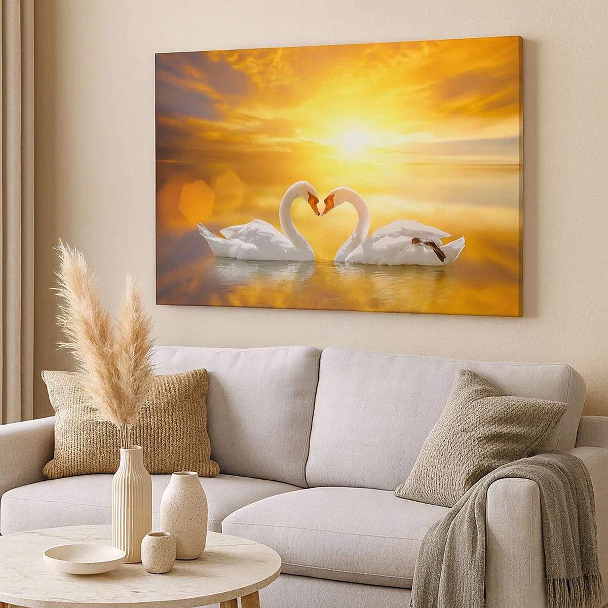 Cuadro sobre lienzo - Impresión de Imagen - Una escena romántica de dos cisnes formando un corazón con el telón de fondo de una puesta de sol dorada. - 70x50cm - Corazón es la palabra más bella del mundo…