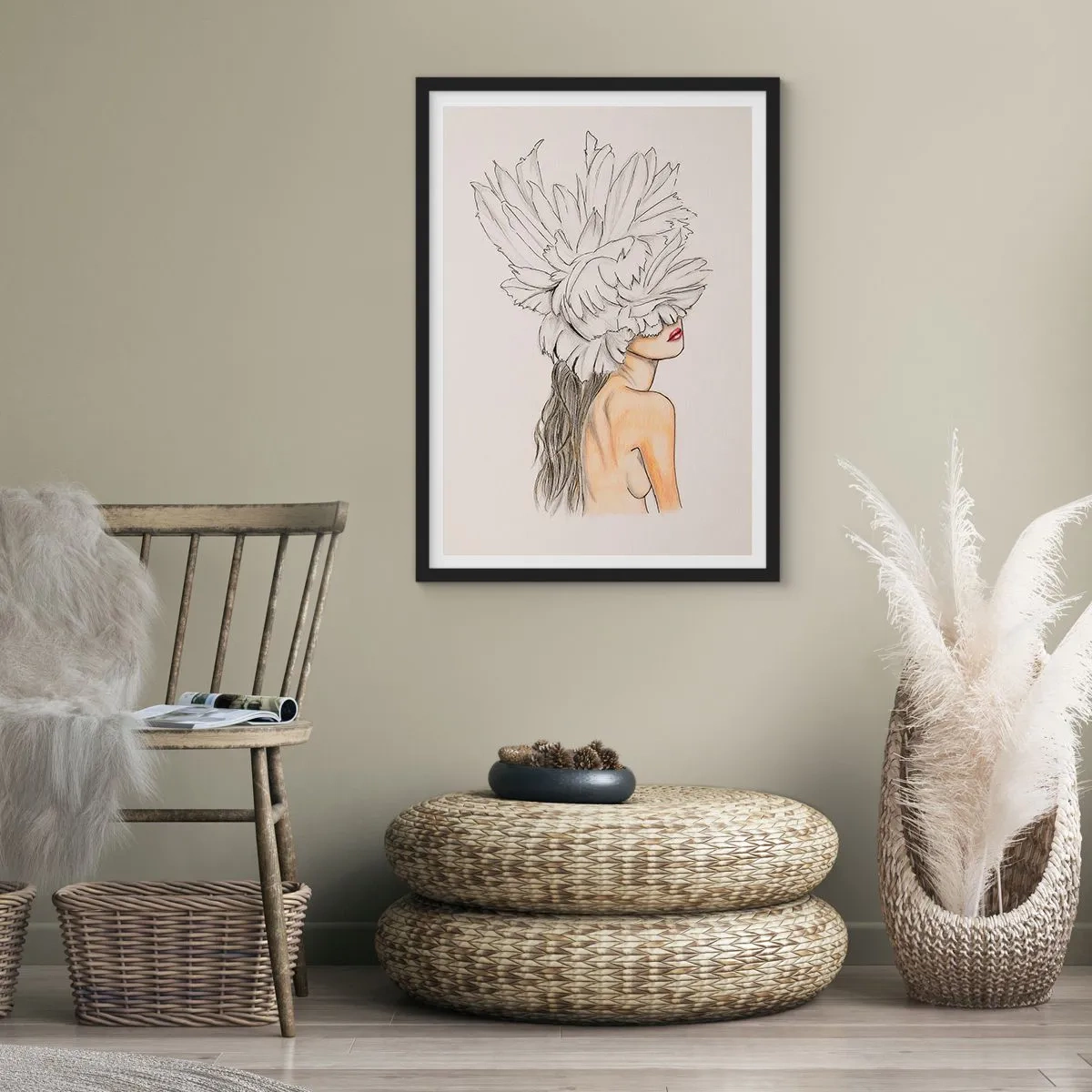 Póster en marco negro - Retrato de una mujer con un sombrero de plumas en estilo artístico. - 50x70cm - Belleza coronada - Decoración de pared moderna para salón y dormitorio ARTTOR