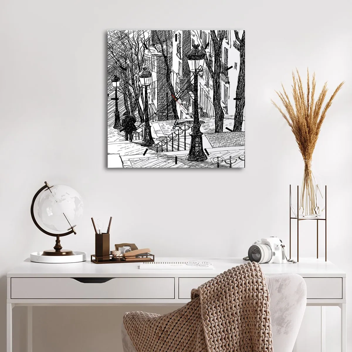 Reloj de pared - Reloj de vidrio - Una calle con farolas y una silueta humana en técnica de boceto. - 30x30cm - ¿Una historia de amor o de terror? - Decoración de pared moderna para salón y dormitorio ARTTOR