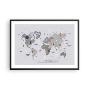 Póster en marco negro - Un mapa del mundo con ilustraciones de animales sobre un fondo gris. - 70x50cm - Dime de dónde eres... - Decoración de pared moderna para salón y dormitorio ARTTOR