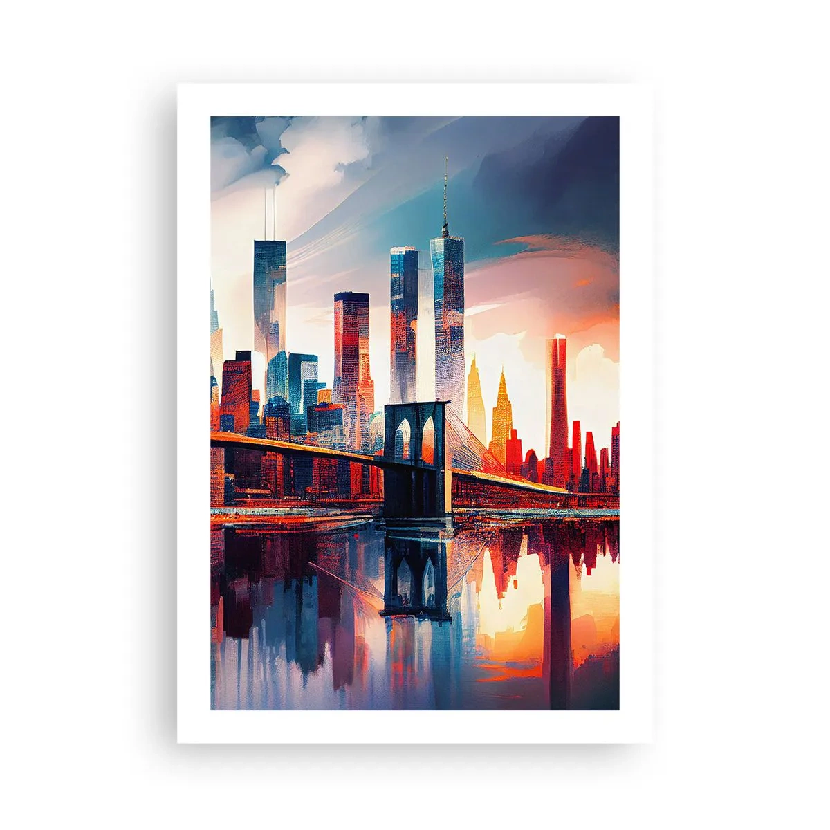 Póster - Panorama de la ciudad con un puente y reflejo en el agua. - 50x70cm - Nueva York siempre luce - Decoración de pared moderna para salón y dormitorio ARTTOR