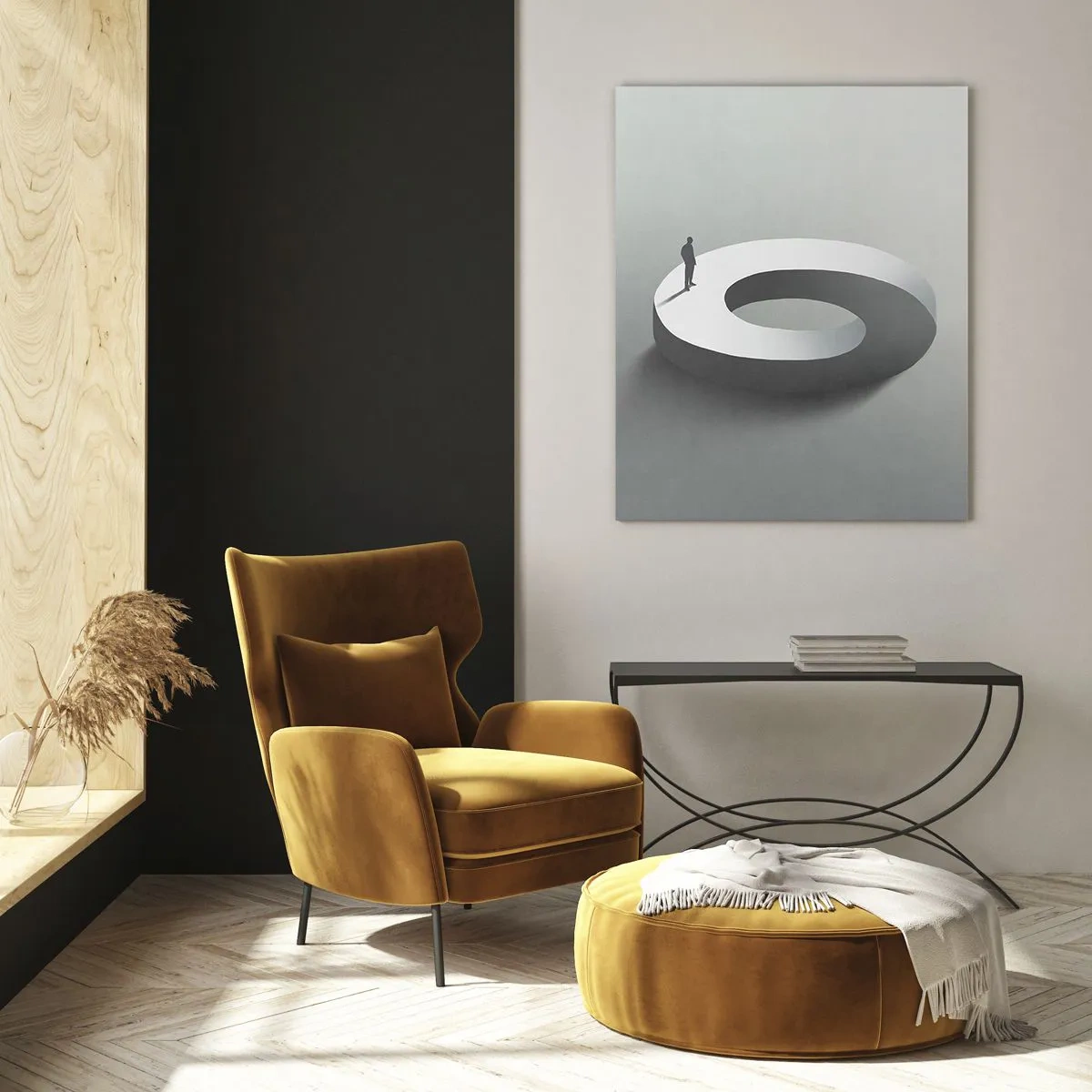 Cuadro sobre vidrio - Impresiones sobre Vidrio - Un hombre sobre una estructura gris y abstracta. - 70x100cm - Ser sabio no es una labor sencilla - Decoración de pared moderna para salón y dormitorio ARTTOR