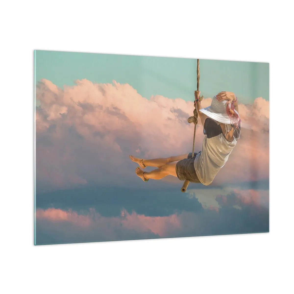 Cuadro sobre vidrio - Impresiones sobre Vidrio - Niña en un columpio entre nubes rosas - 100x70cm - Jugando en las nubes - Decoración de pared moderna para salón y dormitorio ARTTOR