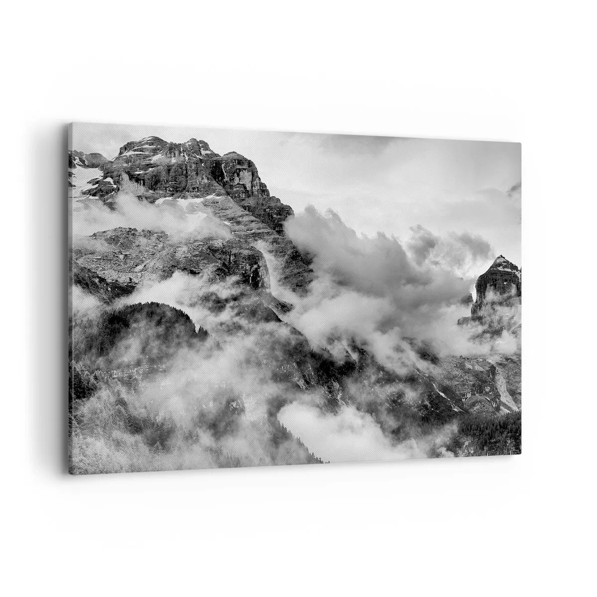 Cuadro sobre lienzo - Impresión de Imagen - Vista en blanco y negro de montañas rodeadas de nubes. - 100x70cm - Hermoso y cruel - Decoración de pared moderna para salón y dormitorio ARTTOR