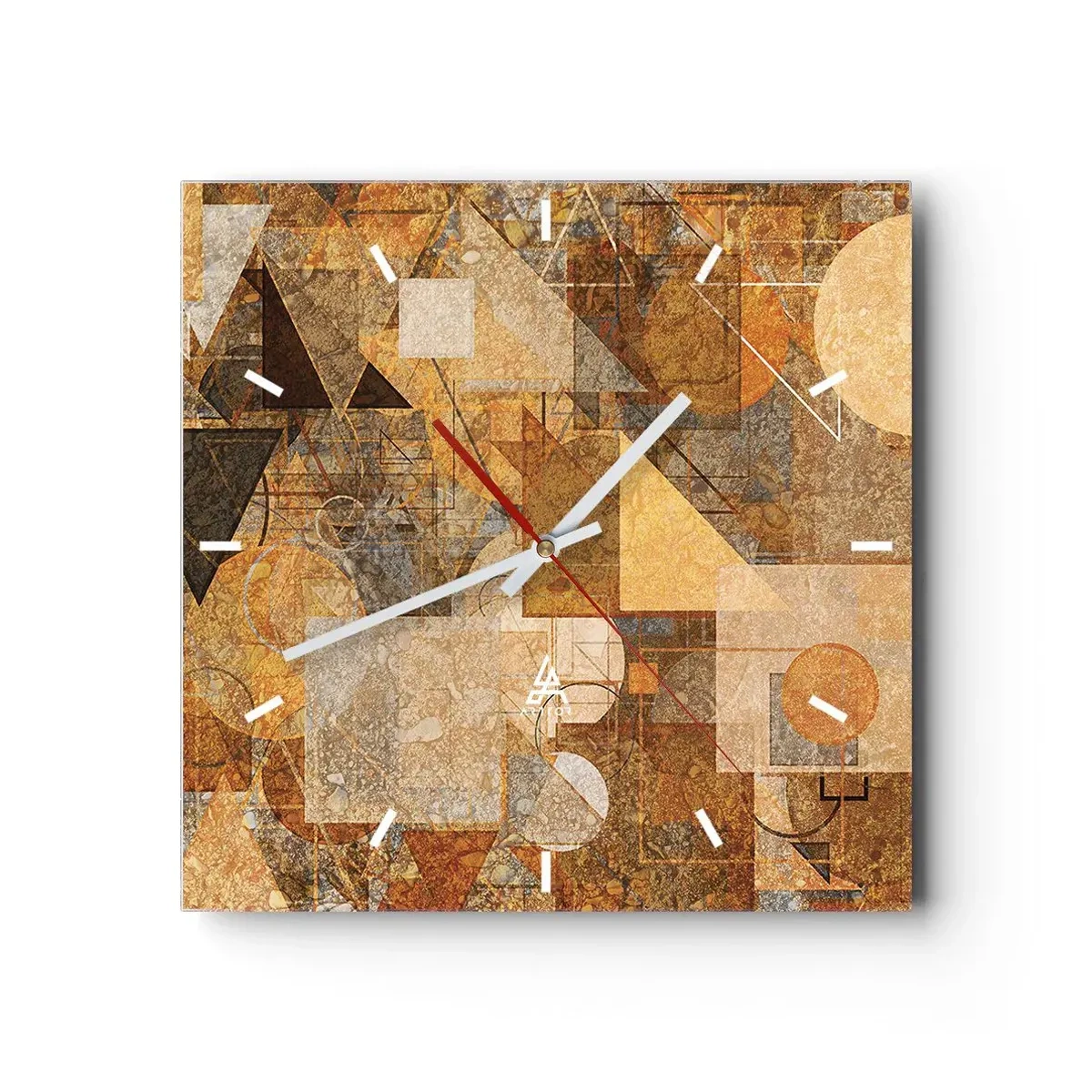 Reloj de pared - Reloj de vidrio - Figuras geométricas abstractas en tonos cálidos. - 30x30cm - Estudio cubista en bronce - Decoración de pared moderna para salón y dormitorio ARTTOR