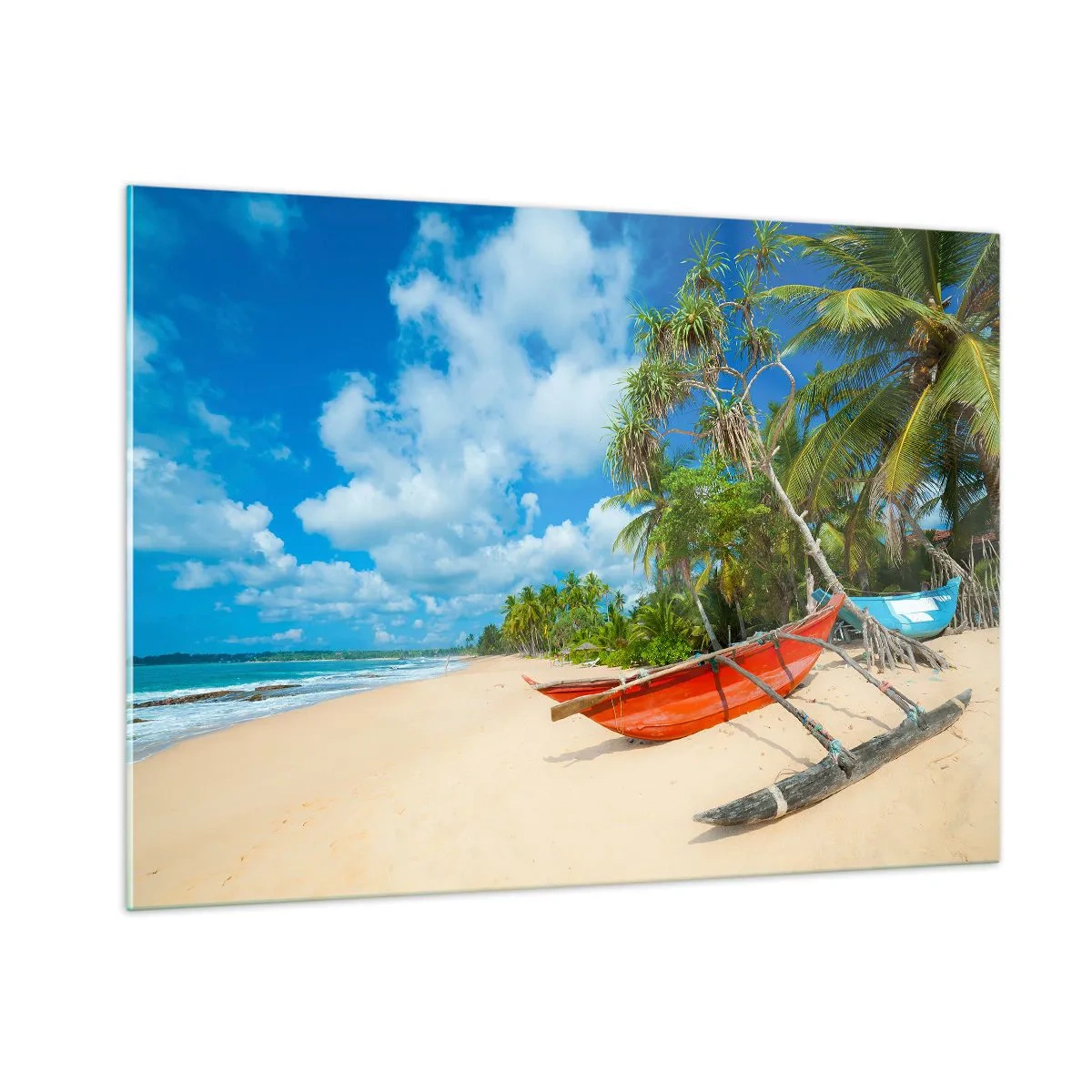 Cuadro sobre vidrio - Impresiones sobre Vidrio - Playa tropical con palmeras y barcos tradicionales. - 100x70cm - El encanto de los trópicos - Decoración de pared moderna para salón y dormitorio ARTTOR