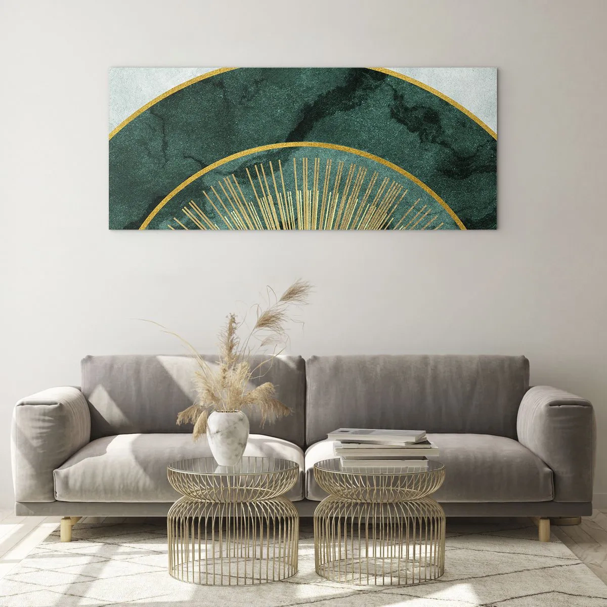 Cuadro sobre vidrio - Impresiones sobre Vidrio - Patrón abstracto con círculos en colores esmeralda y dorado. - 120x50cm - Un sistema solar diferente - Decoración de pared moderna para salón y dormitorio ARTTOR