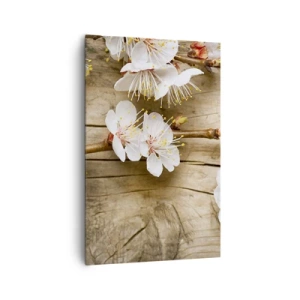 Cuadro sobre lienzo - Impresión de Imagen - Ramas de cerezos en flor sobre un fondo de tabla de madera - 80x120cm - Se acerca la primavera - Decoración de pared moderna para salón y dormitorio ARTTOR