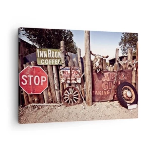 Cuadro sobre lienzo - Impresión de Imagen - Decoraciones rústicas con letreros y una rueda en la valla. - 70x50cm - Y el tiempo se detuvo - Decoración de pared moderna para salón y dormitorio ARTTOR