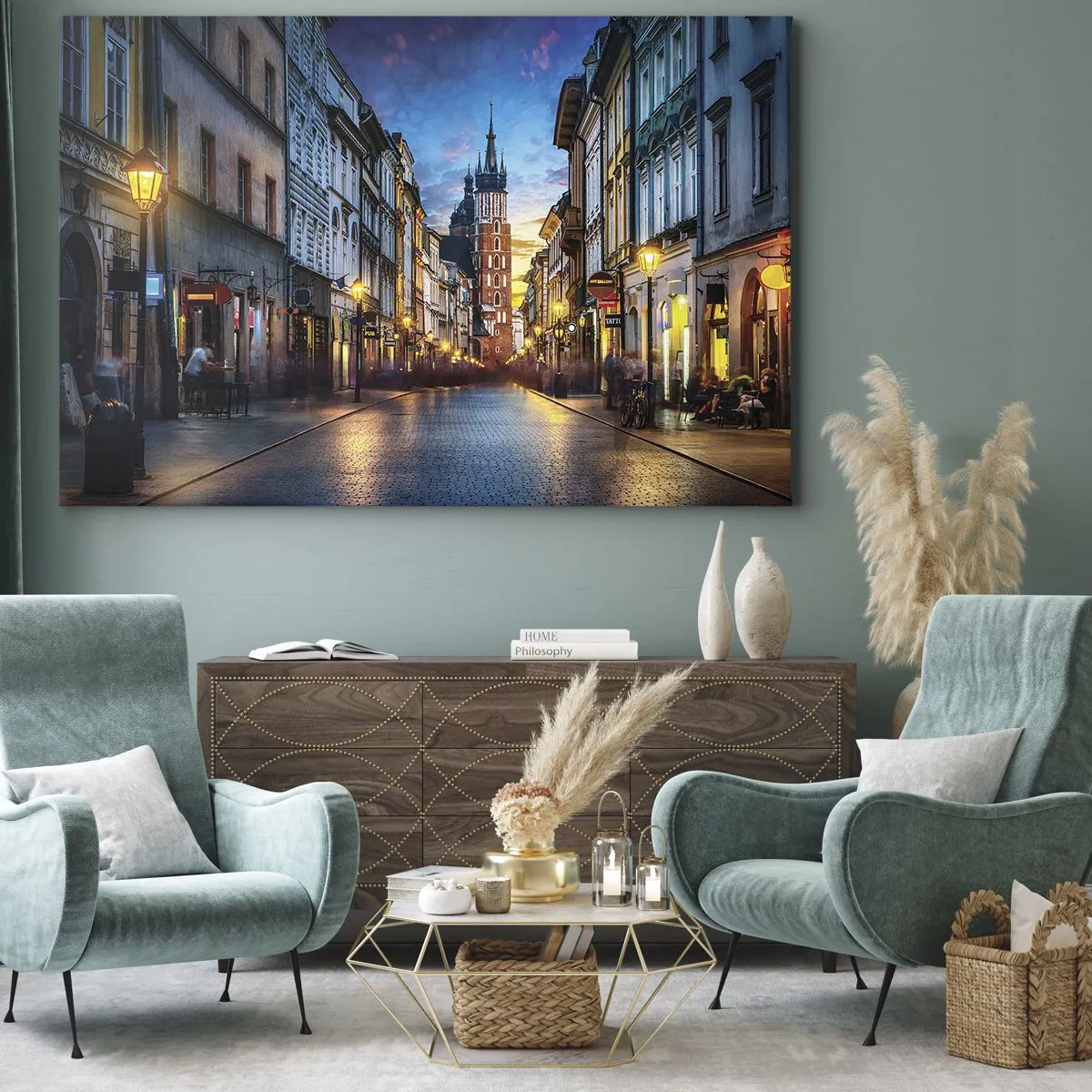 Cuadro sobre lienzo - Impresión de Imagen - Calle al atardecer con vistas a la Catedral de Cracovia - 70x50cm - El encanto de Cracovia - Decoración de pared moderna para salón y dormitorio ARTTOR