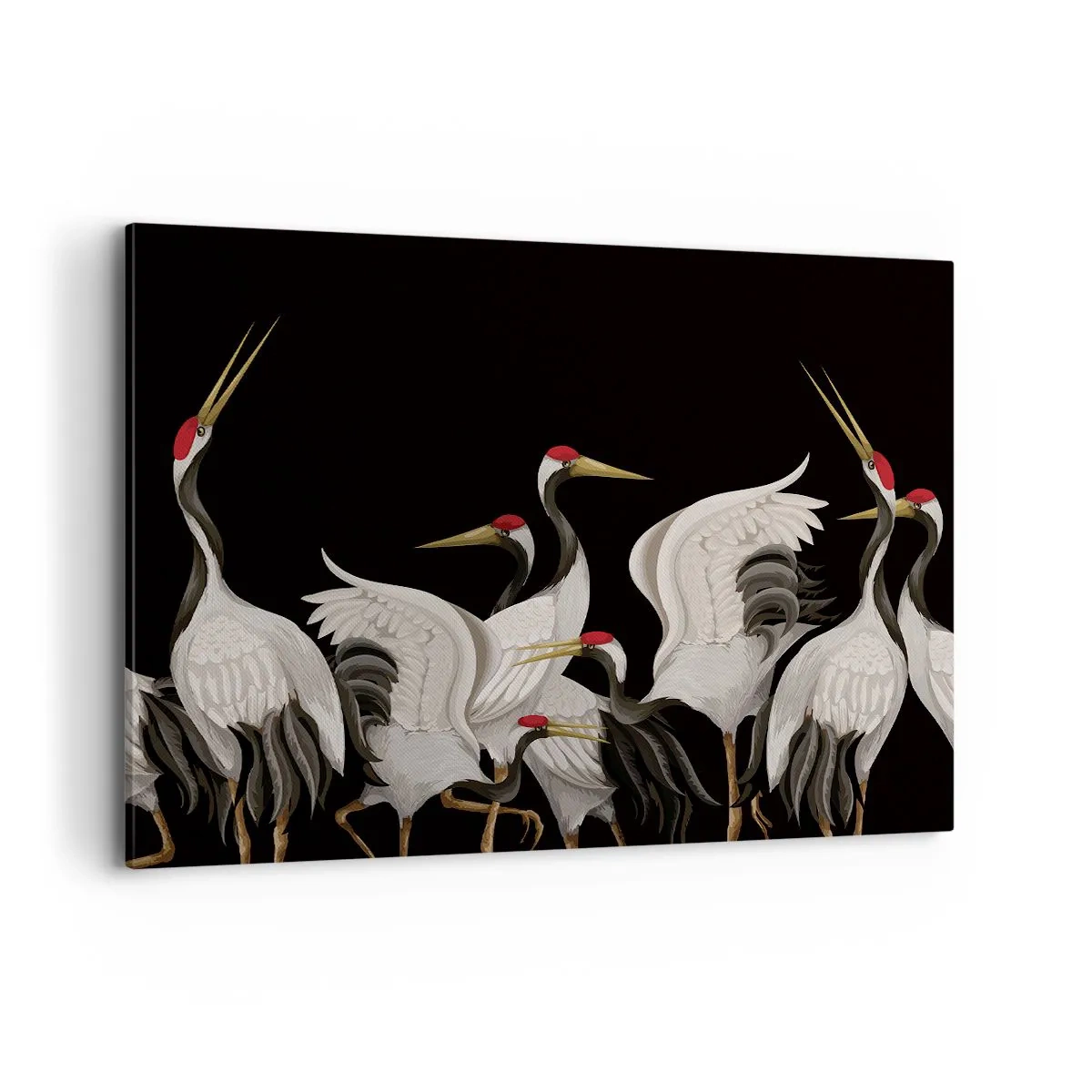 Cuadro sobre lienzo - Impresión de Imagen - Grúas blancas con acentos rojos sobre fondo negro - 120x80cm - Asuntos de aves - Decoración de pared moderna para salón y dormitorio ARTTOR