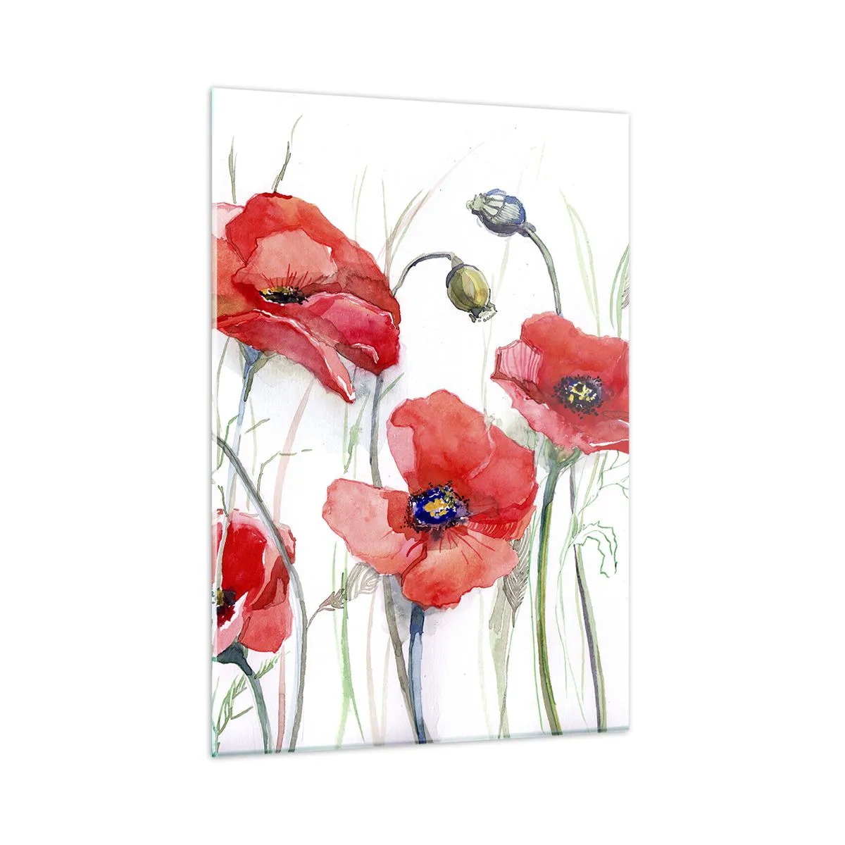 Cuadro sobre vidrio - Impresiones sobre Vidrio - Amapolas rojas de acuarela sobre un fondo blanco - 50x70cm - Flores polacas - Decoración de pared moderna para salón y dormitorio ARTTOR