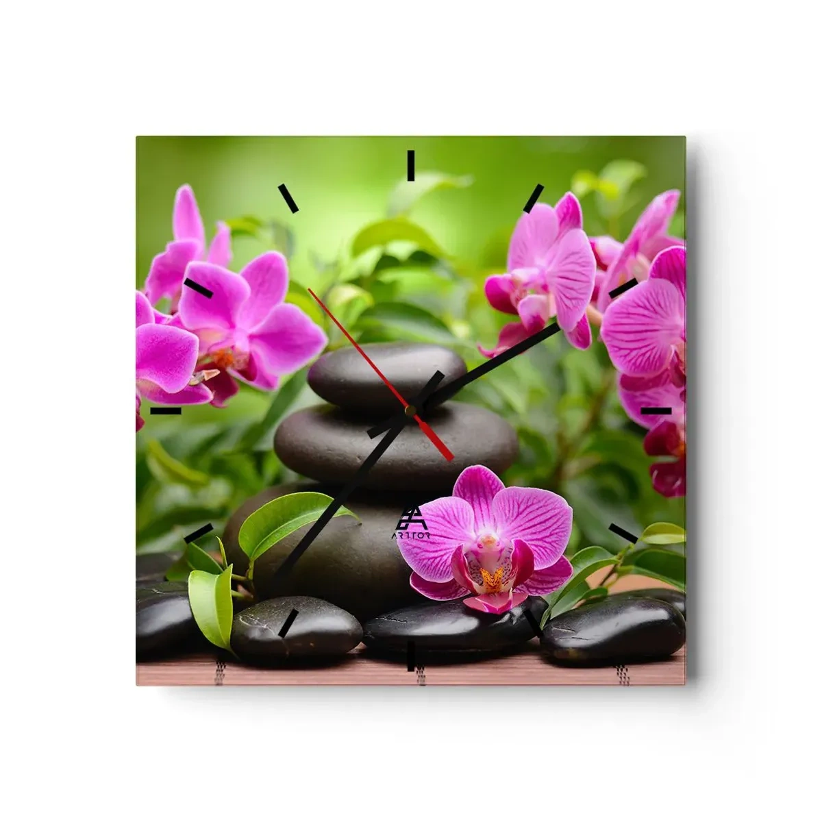 Reloj de pared - Reloj de vidrio - Orquídeas rosas con piedras sobre un fondo verde. - 30x30cm - Una pirámide de paz - Decoración de pared moderna para salón y dormitorio ARTTOR