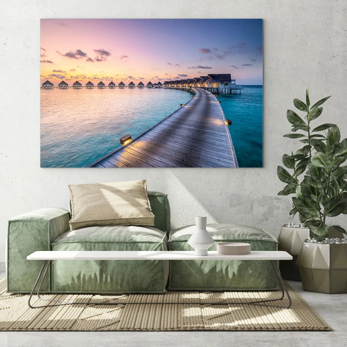 Cuadro sobre vidrio - Impresiones sobre Vidrio - Muelle de madera que conduce a cabañas de lujo frente al mar al atardecer - 100x70cm - Vacaciones - volver al origen - Decoración de pared moderna para salón y dormitorio ARTTOR