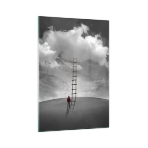Cuadro sobre vidrio - Impresiones sobre Vidrio - Una persona con un abrigo rojo y una escalera que conduce a una nube. - 70x100cm - Todo es posible - Decoración de pared moderna para salón y dormitorio ARTTOR