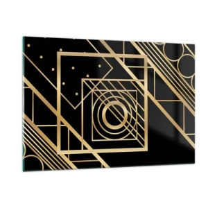 Cuadro sobre vidrio - Impresiones sobre Vidrio - Patrones geométricos dorados sobre un fondo negro - 120x80cm - Geometría dorada - Decoración de pared moderna para salón y dormitorio ARTTOR