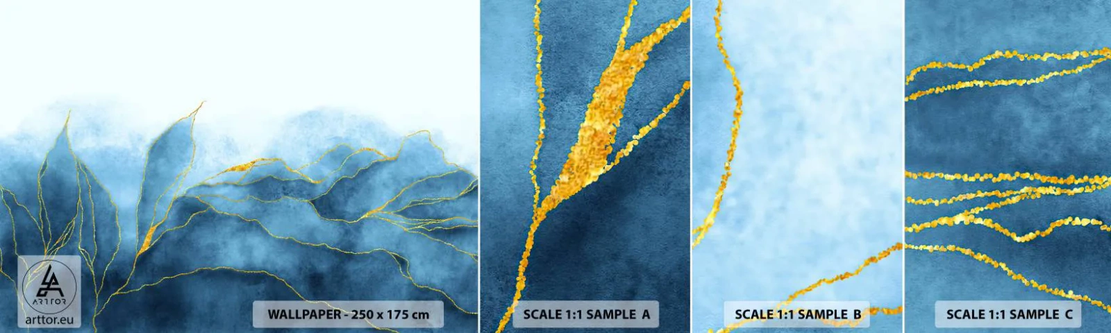 Muestra de fotomural autoadhesivo Deluxe Sticker - Oro y azul - Lujo, Glamour, Abstracción - 100x30 cm