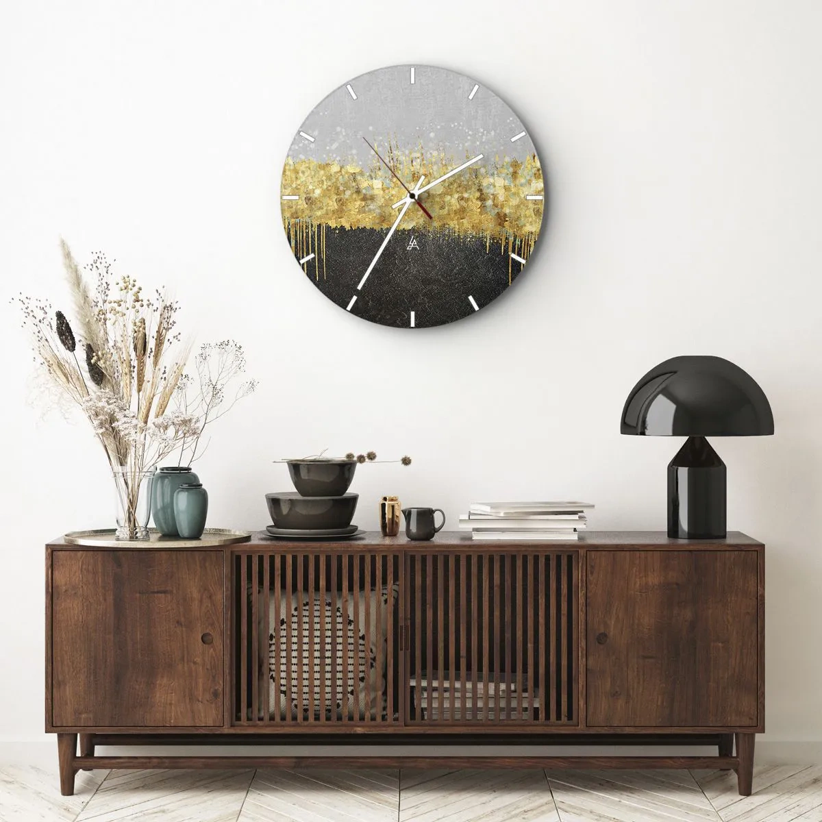 Reloj de pared - Reloj de vidrio - Reflejos dorados en una composición artística sobre un fondo negro y gris. - 30x30cm - Hacia arriba y hacia abajo - Decoración de pared moderna para salón, cocina y dormitorio ARTTOR