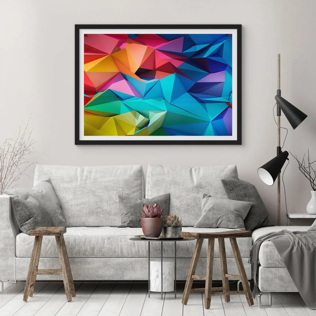 Póster en marco negro - Abstracción geométrica colorida en colores vivos. - 70x50cm - Origami arco iris - Decoración de pared moderna para salón y dormitorio ARTTOR