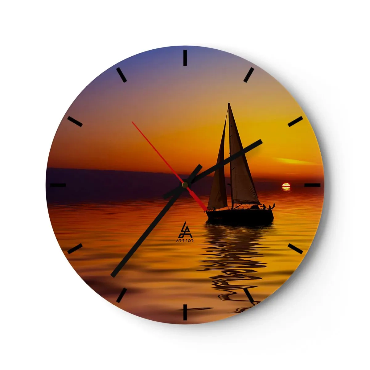 Reloj de pared - Reloj de vidrio - Un velero en el mar al atardecer - 30x30cm - Qué tranquilo el anochecer… - Decoración de pared moderna para salón, cocina y dormitorio ARTTOR