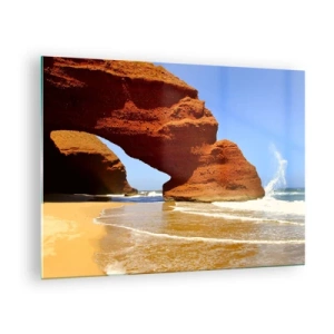 Cuadro sobre vidrio - Impresiones sobre Vidrio - Arcos de roca roja sobre la playa y el océano. - 70x50cm - El agua y el viento a través de miles de años - Decoración de pared moderna para salón y dormitorio ARTTOR