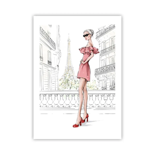 Póster - Una mujer elegante con un vestido rosa con la Torre Eiffel al fondo. - 50x70cm - El arte de la moda - Decoración de pared moderna para salón y dormitorio ARTTOR