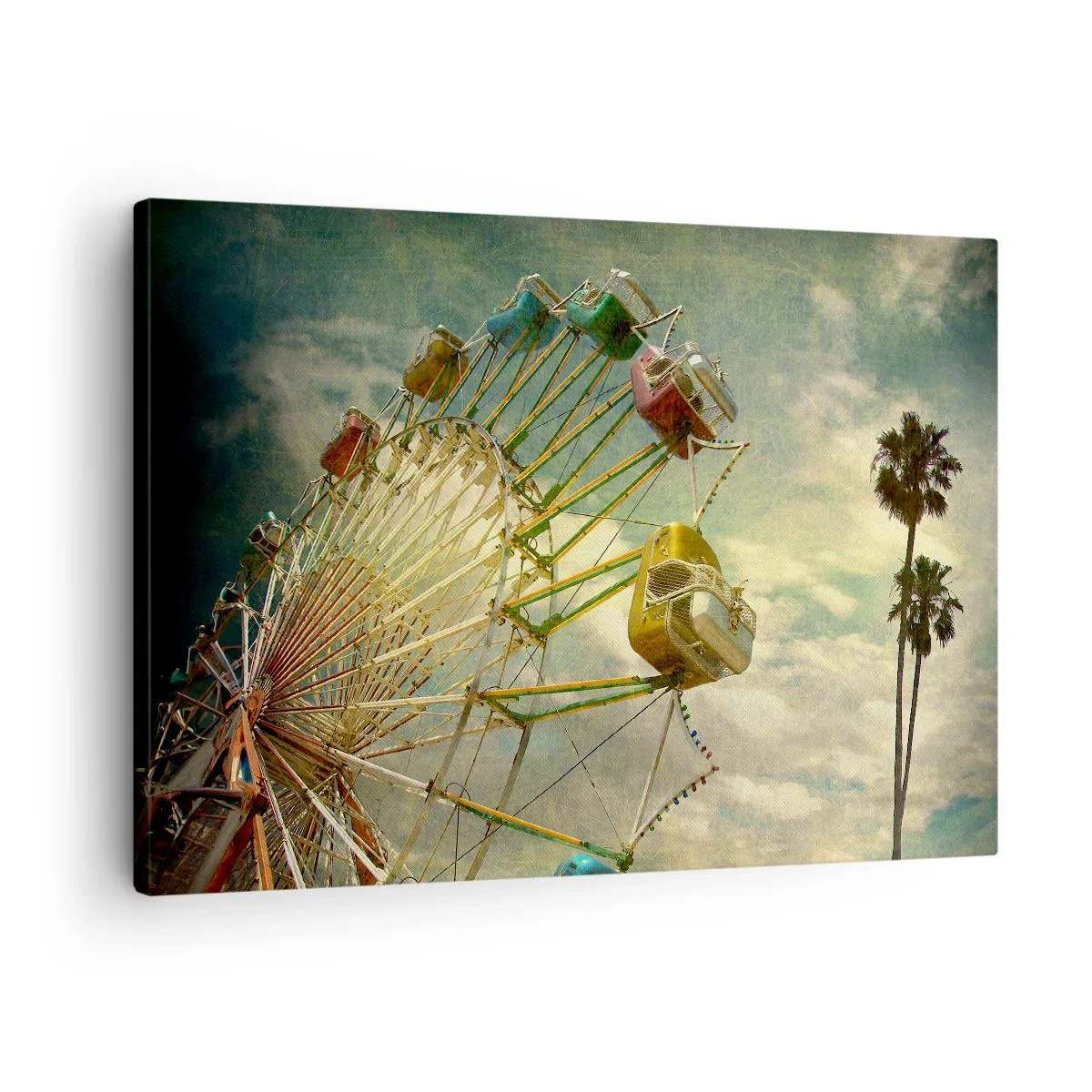 Cuadro sobre lienzo - Impresión de Imagen - Fotografía retro de una noria con palmeras contra el cielo. - 70x50cm - Será, será un día estupendo.... - Decoración de pared moderna para salón y dormitorio ARTTOR