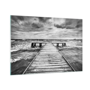 Cuadro sobre vidrio - Impresiones sobre Vidrio - Un embarcadero blanco y negro en medio de olas agitadas - 100x70cm - Estoy esperando que sople el viento... - Decoración de pared moderna para salón y dormitorio ARTTOR