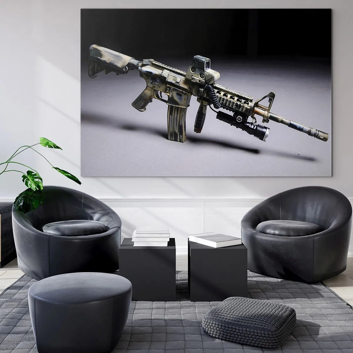 Cuadro sobre vidrio - Impresiones sobre Vidrio - Un rifle moderno sobre un fondo oscuro con acento industrial. - 70x50cm - Siempre amenazante - Decoración de pared moderna para salón y dormitorio ARTTOR