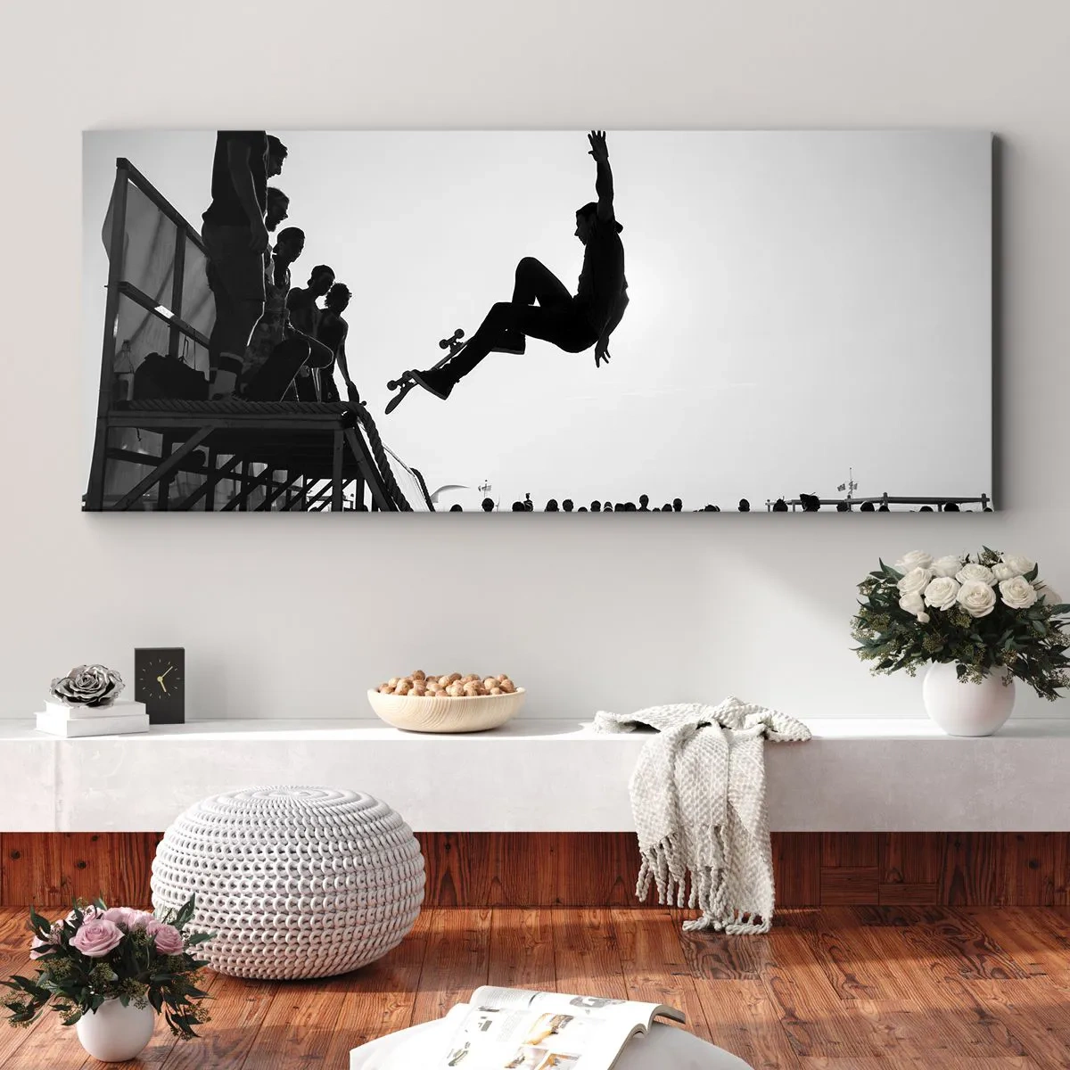 Cuadro sobre lienzo - Impresión de Imagen - Escena de skate en blanco y negro en una rampa - 120x50cm - Héroes y espectadores - Decoración de pared moderna para salón y dormitorio ARTTOR