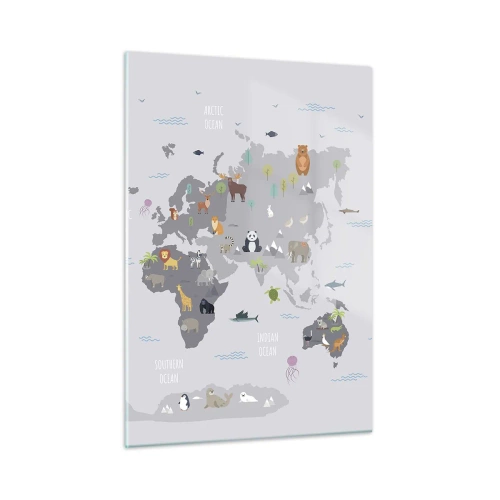 Cuadro sobre vidrio - Impresiones sobre Vidrio - Mapa del mundo ilustrado con animales característicos - 50x70cm - Dime de dónde eres... - Decoración de pared moderna para salón y dormitorio ARTTOR