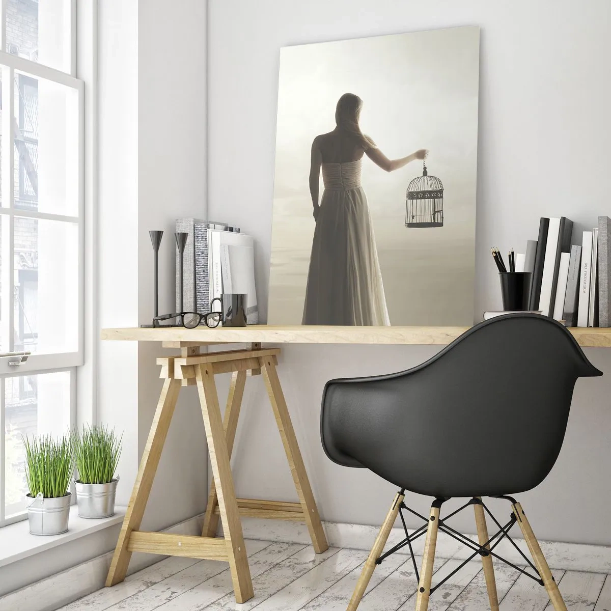 Cuadro sobre vidrio - Impresiones sobre Vidrio - Una mujer con una jaula mirando a los pájaros volar hacia el cielo. - 50x70cm - Sé libre - Decoración de pared moderna para salón y dormitorio ARTTOR