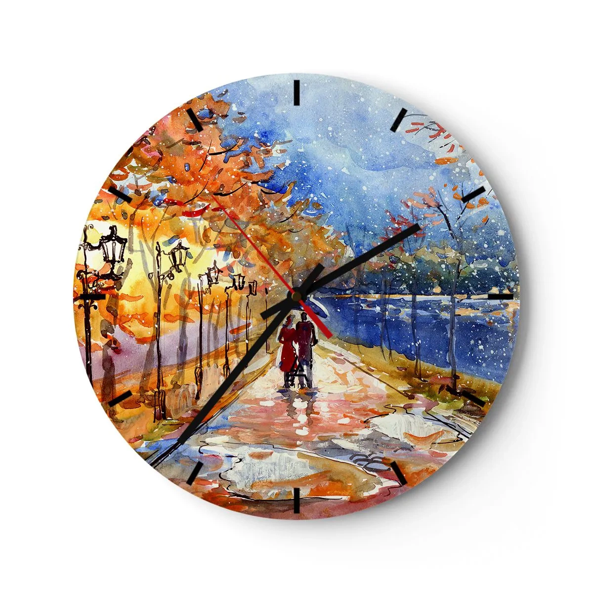 Reloj de pared - Reloj de vidrio - Parque otoñal con un callejón, faroles y una pareja paseando. - 30x30cm - Juntos hasta el límite del tiempo - Decoración de pared moderna para salón, cocina y dormitorio ARTTOR