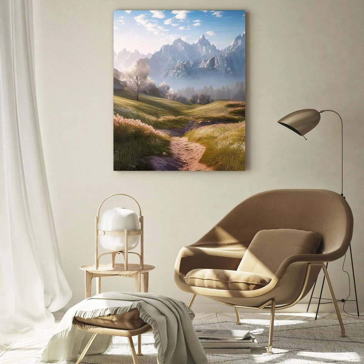 Cuadro sobre vidrio - Impresiones sobre Vidrio - Un valle de montaña con prados, cabañas y vistas a los picos. - 70x100cm - Valle idílico - Decoración de pared moderna para salón y dormitorio ARTTOR